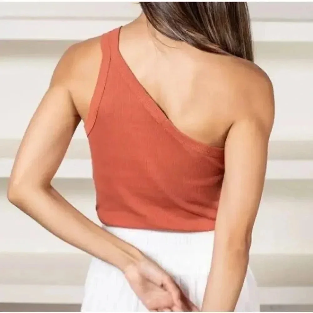 Sanctuary One Shoulder Cami Tank Sleeveless Top Large Orange Ribbed Organic NWT - Picture 4 of 7